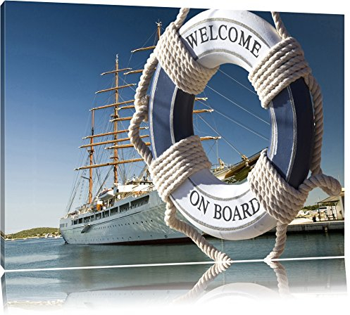 Pixxprint Rettungsring vor Schiff, Größe: 60x40cm, Leinwandbild, fertig gespannt, Wandbild, Dekoration, Kunstdruck, kein Poster
