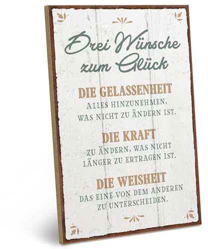 ARTFAVES® Wandbild Holzschild mit Spruch - Drei Wünsche zum Glück - Türschild Retro Vintage Deko Bild Geschenk - Glücklichsein, Achtsamkeit