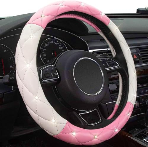 Mayco Bell Diamond Lenkradabdeckung für Damen, Leder Bling Cute Car Lenkradabdeckung Universal 15inch mit Crystal Diamond (Pink White)