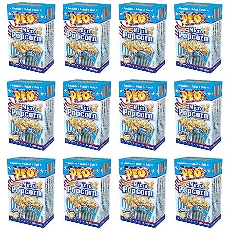 Peo's Micro Popcorn, Gesalzenes Mikrowellenpopcorn im 36er Vorteilspack, 12 Schachteln mit 3 x 100 g Inhalt, Popcorn Mais salzig für die Mikrowelle, Filmsnack, Kinoabend