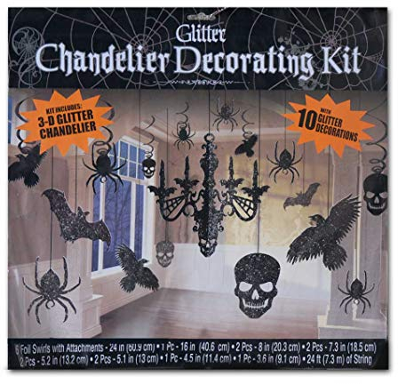 HEITMANN DECO Halloween-Deckenhänger - 17-TLG. Horror Spinnen Totenkopf Fledermäuse Raben Kronleuchter zum Aufhängen - Dekoration - Schwarz/Glitzer