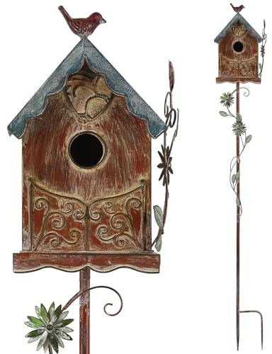 MOCOME Barock Cottage Vogelhaus Pfahl für draußen mit Stange, Used-Look Metall Vogelhaus Ständer für Outdoor Garten, Lila