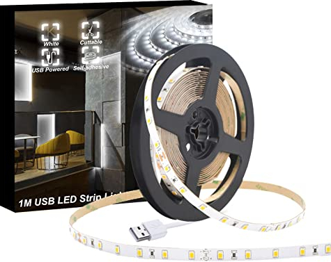 WOWLED LED Strip Lights, 3.3ft USB White LED Strip Light, Pulg & Play, 3.3ft TV Backlights for Bedroom, Kitchen, DIY, Decor Super Bright LED Rope Lights