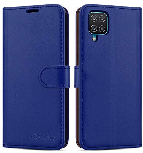iCatchy For Samsung Galaxy A12 Case Leather Wallet Book Flip Folio Stand View Cover with Card Slots Compatible with Galaxy A12 5G (6.5'') (Blue)