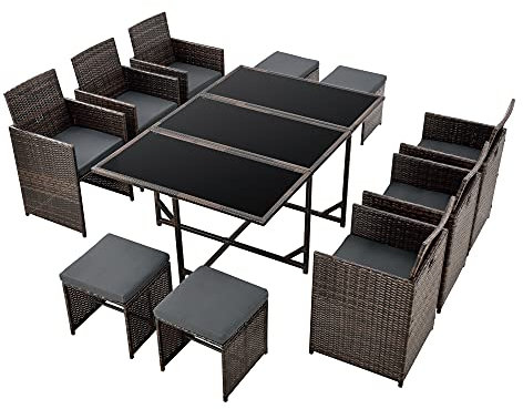 [en.casa] Polyrattan Sitzgruppe Laredo XL wetterfest stapelbar 11-teiliger Gartenmöbelset Tisch & 6 Stühle & 4 Hocker mit Kissen für Garten und Terrasse