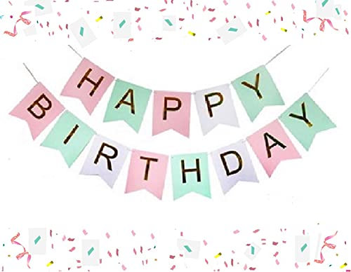 Happy Birthday Banner Pink Pastel Macaron Bunting Garland with Shimmering Gold Foil Letters Girls Women Birthday Decorations