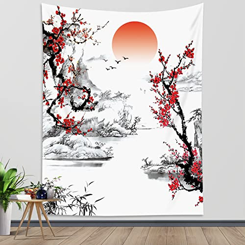 LB Tapisserie Murale Japonais Noir Blanc Tenture Murale Fleur Cerisier Rouge Coucher Soleil Couverture Murales Montagne Tapisseries Decoration Murales pour Maison Salon Chambre Dortoir,180x235cm