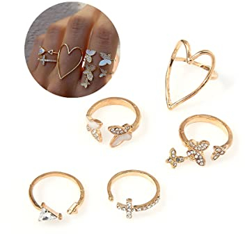 Bufenia Goldene Schmetterlingsringe Set Mode Kristall Gelenk Knöchel Finger Ringe Herz Kreuz Stapelbare Ringe für Frauen