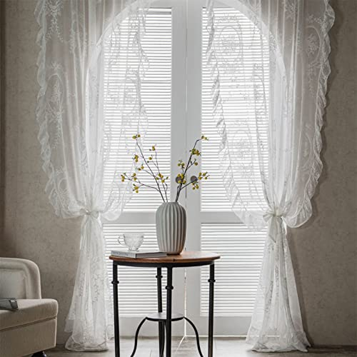EXQUILEG 1er-Pack Vorhänge Weiß Transparent Spitze Vintage Rüschengardine Chic Gardine Vorhang Fensterschal für Wohnzimmer Schlafzimmer (150x160cm)