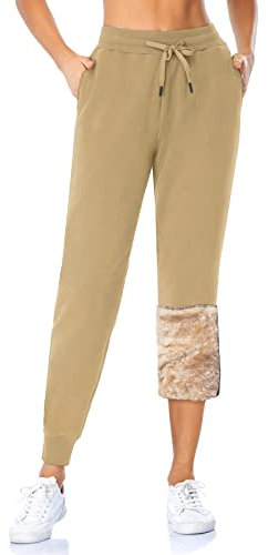 MOVE BEYOND Damen Warme Gefütterte Jogginghose Thermo Fleece Hosen mit 2 Taschen Winter Verdickte Laufhose Freizeithose mit Kordelzug Sherpa-Innenfutter Sweathose, Braun, Plüschhose, M
