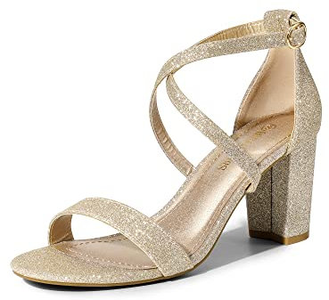 DREAM PAIRS Women’s Ankle Strap Dress Pump Low Chunky Heel Sandals Madison-1 Gold-Glitter Size 6 UK/8 US