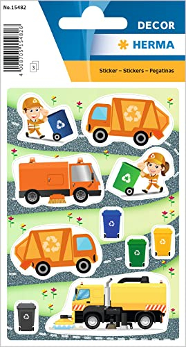 HERMA 15482 Aufkleber Müllmann klein, 30 Stück, Berufe Sticker mit Müllwagen Mülltonne Motiv, Kinder Etiketten für Fotoalbum Tagebuch Poesiealbum Scrapbooking Geburtstag Dekoration Briefe DIY Basteln