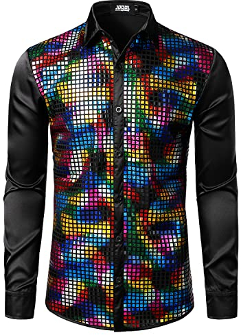 JOGAL Herren Pailletten Hemd 70er Langarm Disco Party Kostüm Mehrfarbig X-Large
