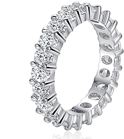 TUNGSTORY Ehering für Frauen, 4 mm 925 Sterling Silber Ringe, Weißgold Plattierter Eternity Ring mit Ovalen Zirkonia Steinen, Größe 57(18.1)