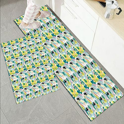 Küchenläufer Küchenmatte 2 Stück 45x70cm+45x120cm,Tropisches, Insel-Aloha-Natur-Kunst-Muster mit Tukanflamingo-Kakteen u,Rutschfest Pflegeleicht, Anti-Müdigkeit Küchenteppich Teppich Läufer für Küche