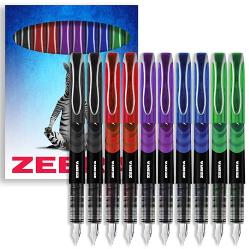 Zebra Fuente - Disposable Fountain Pen - Black, Blue, Red, Green & Violet Coloured Ink - Pack of 10 - In Gift Box