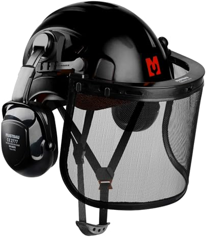 Mustbau Chainsaw Safety Helmet, Protective Helmet with Earmuffs and Mesh Visor, 53 to 63 cm Adjustable Headband Suitable for Forestry, Construction, Work