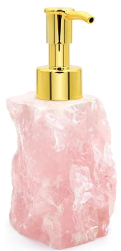 GEMIO Seifenspender Rosenquarz Naturstein Badezimmer Deko Pumpe Rosa 30ml | Echtstein-Unikat mit Hochwertiger Pumpe, leicht nachfüllbar, tropffrei, ideal für Seife & Lotion im Bad,pflegeleicht und edel