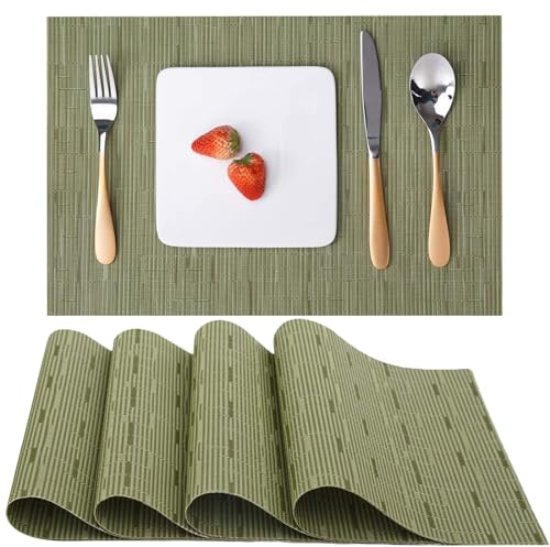 Myir JUN Tischsets Abwaschbar 4er Set, Gewebte Platzdeckchen rutschfest Abgrifffeste Hitzebeständig, Vinyl Platzsets Abwaschbar für küche Speisetisch Hotel, Platz-Matten30x43.5cm (Grün)