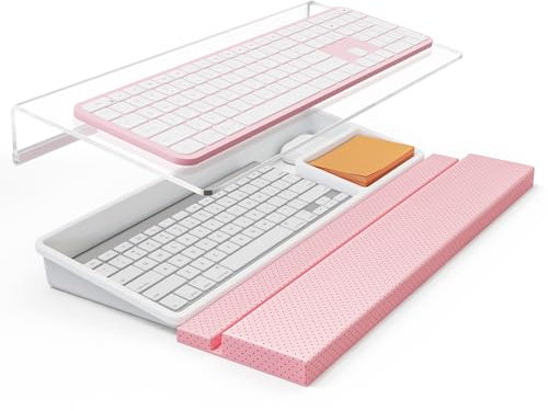 Tilted Keyboard Stand w/Wrist Rest&Storage Tray - Klearlook Angle Adjustable Keyboard Riser for Desk,16.9x7.3in Ergonomic Acrylic Computer Keyboard Holder,Comfortable Typing for Home Office -Pink