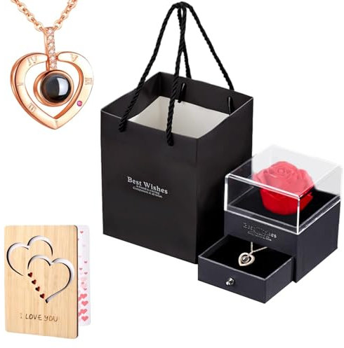 DALAETUS 3 Pcs Eternal Rose Gifts and I Love You Necklace and Wooden Greeting Card Set, Lover Red Rose Gift Box, Rose Gold Heart Projection Necklace, Gift for Girlfriend, Mother's Day