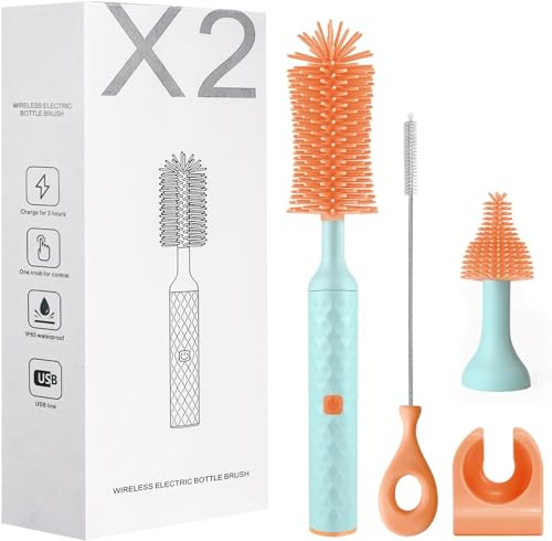 FLYIFE Electric Cleaning Brush Set-Rechargeable Automatic Cleaner for Baby Bottles, Teats, and Straws with Disinfectable Soft Silicone-Efficient and Time-Saving Cleanup Solution, Blue, Standard