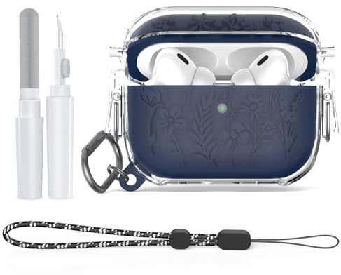 [4 in 1] Silikon Hülle für AirPods Pro 2, MOWYEOK PC-Silikon-Liner Zwei-in-Eins-Schutzhülle Mit Schlüsselband, Karabiner, Reinigungsstift, Für Apple Airpods Pro 2[Front-LED sichtbar] - Blau