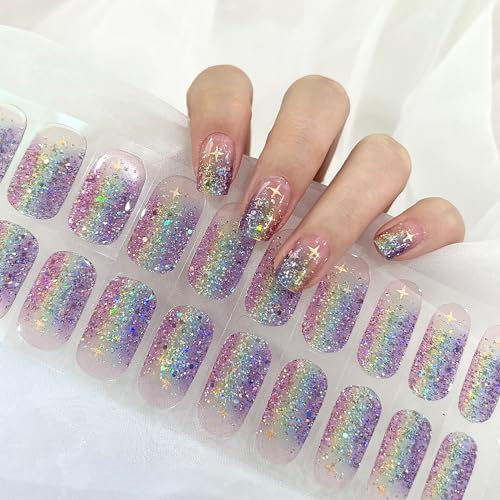 Semi Cured Gel Nails Strips 22 Stickers Colorful Glitter Nail Wraps Soft Self-Adhesive Gel Nail Stickers Salon-Quality Gel Nail Strips for Nails Require UV/LED Lamp (128-Rainbow Glitter)