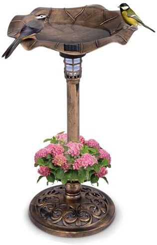 COSTWAY Bird Bath, 43cm Outdoor Birds Table with Solar Light, Lotus Leaf Bowl, Flower Planter Base, Vintage Birdbath for Garden Yard Decoration