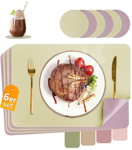 HELI MIAO Tischsets Abwaschbar,Platzsets Abwischbar,Tischset Leder,Hitzebeständig Doppelseitigen I 6er Set Platzdeckchen Lederoptik mit Untersetzer,Tischuntersetzer,Platzdecken grasgrün+violett