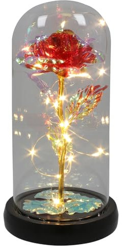 Shudehill Giftware Radiant Rose Flower LED Dome Decoraive Mood Light with Fairy Lights - Red, Pink, Purple, Irridescent with Black Base (Red)