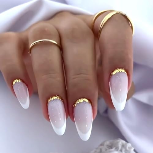 French Tip False Nails Long - Glitter Press on Nails Almond - 24PCS White Nail Tips Stick on Nails - Fake Nails with Glue - Full Cover Acrylic Nail Tips with Gold Liner Nail Art
