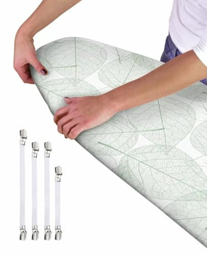 Ironing Board Cover - Universal Fit - 120 x 40cm + 4 pack Ironing Board Fitting Clips (Green Leafs)