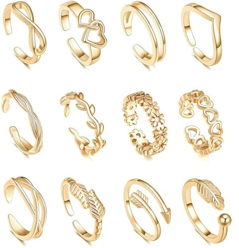 KOLZEMV 12 Pcs Bagues d'Orteil Remplies d'Or, bague orteil femme pour Femme Bagues à Bout Ouvert Coeur de Fleur Bagues De Pouce Réglables Bagues d'Orteil En Or Bijoux de Pied de Plage d'Été