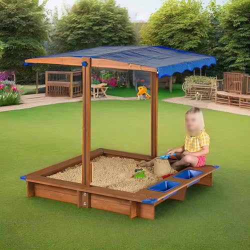POLGDW Sandkasten mit Abdeckung und 2 Klappbaren Sitzbänken, Versenkbare Dach-Sandschutzplane, Hebeschalter zum Einstellen Der Höhe und des Winkels, Holzsandkasten für Hinterhofspiele Im Freien
