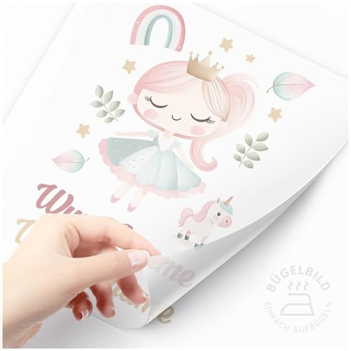 Moonworks® Bügelbilder Set für Kinder Personalisiert Prinzessin Einhorn Wunschname Patches zum Aufbügeln auf Textilien Prinzessin weiß standard