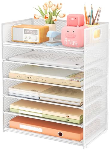 Subekyu Organizador de papel de 6 niveles para escritorio con asa, de malla metálica, carpeta de archivos de oficina, bandeja de papel, organizador de accesorios, organizador para el hogar, escuela,