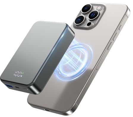 Batterie magnétique sans fil 26800 mAh - Chargeur portable rapide USB C in&Out pour iPhone 16/15/4/13/12 et autres téléphones Android (gris métallique)