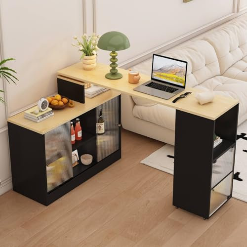 PUGSDRLY Table de Bar Extensible avec Espace de Rangement,Table Bar Cuisine Pivotant à 360°,Table de Bar Mobile Moderne avec Porte en Verre,Comptoir de Cuisine,Roues sur Le Dessous,Noir (Style A)