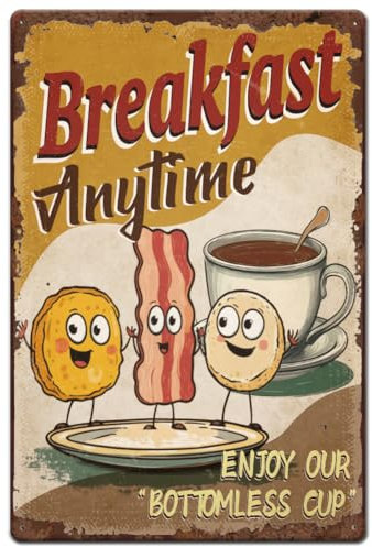 Hobbspring 1pc Vintage Metal Tin Sign 20x30cm Retro Iron Funny Breakfast Sign Rusty Look Breakfast Anytime Coffee Diner Poster for Kitchen Restaurant Home Outdoor Indoor Garden Decorate