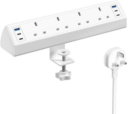 Desk Clamp Power Socket USB C Slots, 40W Total Fast Charging Station, 4 Way Desk Extension Lead with Switch, Desktop Power Strip 2M for Home Office, Fit 1.9 Tabletop Edge(White)