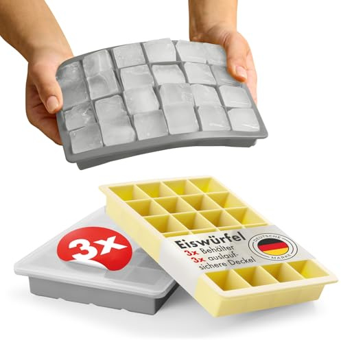 Blumtal Eiswürfelformen Silikon 3er Set - 24er Eiswürfelform mit Deckel - BPA-freie Silikon Eiswürfelform - Ice Cube Tray lebensmittelecht - Ice Tray - Grau + Grau + Gelb