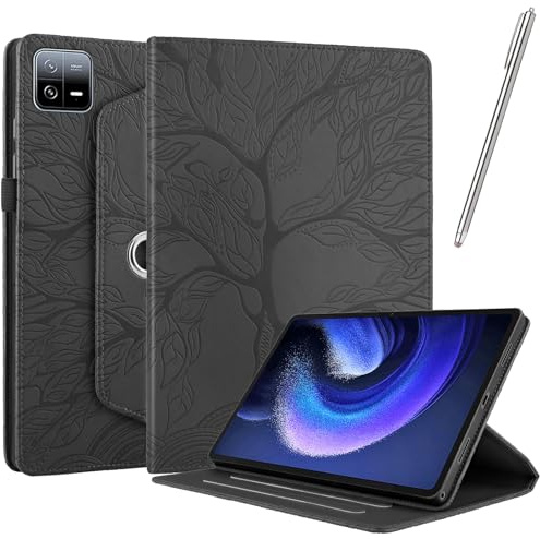Netany Rotating Case for Xiaomi Pad 6/Xiaomi Pad 6 Pro 11 Inch 2023 - PU Leather Protective Cover Tablet Case Shell, with Stylus Pen 360 Degree Rotating Stand (Black)