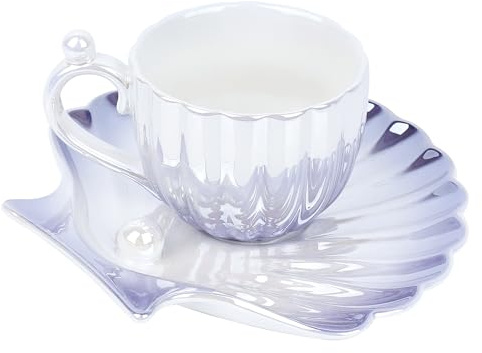 DODAMOUR Pearl Shell Cup and Saucer Set, 8oz Gradient Purple Ceramic Coffee Mug with Finish and Pearl Handle, Vintage Tea Cup with Shell Plate for Cappuccino, Latte, Home or Gift (Purple)