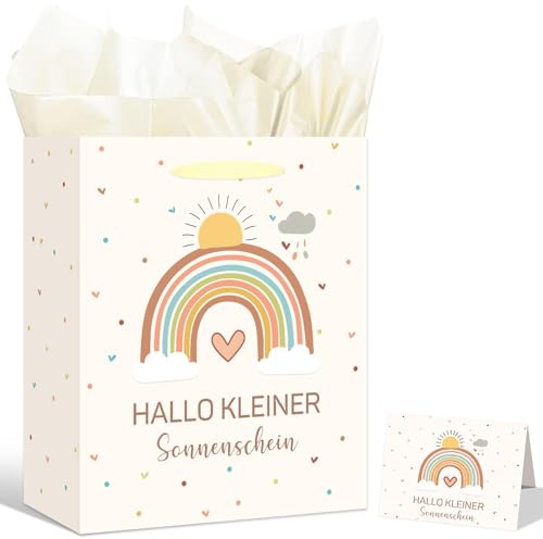 2Pcs Geschenktüten, 25x21x10cm Geschenke zur Geburt Geschenktasche | Willkommen auf der Welt Junge Mädchen Babyparty Baby Shower Papiertüten mit Griff Verpackung, mit 6 Seidenpapier und 2 Karten