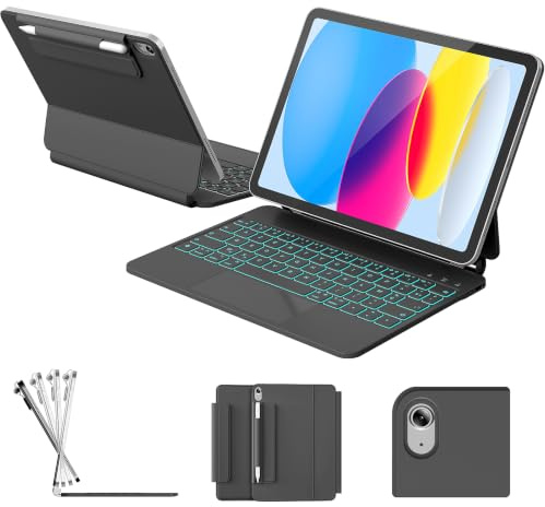 RAYMCRAFT Coque Clavier pour iPad (A16) 11e/10e Génération, Magic Keyboard pour iPad A16 2025/10e 10.9 Pouces, Rétroéclairage 11 Couleurs, Support Magnétique, Smart Trackpad, Boucle pour Stylet, Noir