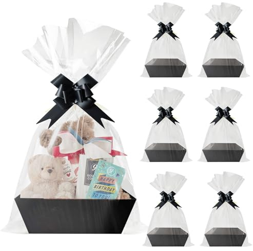 6 Stück Präsentkorb Leer Pappe, Geschenkkörbe mit Griff, Große Geschenkkarton mit Schleifen und Cellophantüten, Geschenkkörbe für Geburtstag, Hochzeit, Weihnachten, Valentinstag, 25x17x9cm (Schwarz)