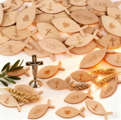 Holzfische Deko Taufe 100 Stück Streudeko, Holz, Vliesbeutel, Kommunion | 100 kleine Holz-Fische als Tischdeko für Taufe und Kommunion. Inkl. Vliesbeutel. Natürliche Deko.