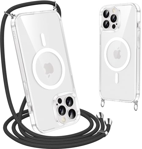 Olgary Magnetisch Handyband Hülle mit Band für iPhone 13 Pro, [Kompatibel mit Magsafe] Necklace Handyhülle Schutzhülle zum Umhängen Kordel, Transparent Stoßfest Kratzfest Case, Schwarz
