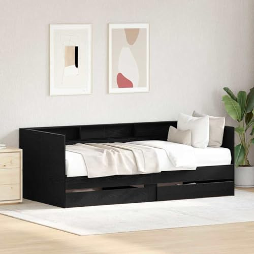 THOYTOUI Tagesbett Schwarz Eichen-Optik 75 x 190 cm Holzwerkstoff mit Schubladen Stabiler Halt viel Platz für Wohnungen Gästezimmer